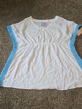 Breaking Waves Girls White Swim Coverup with Blue Fringe